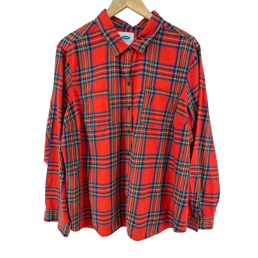 Old Navy Flannel Top Womens XXL Red Plaid Shirt Classic Dark Academia Holiday